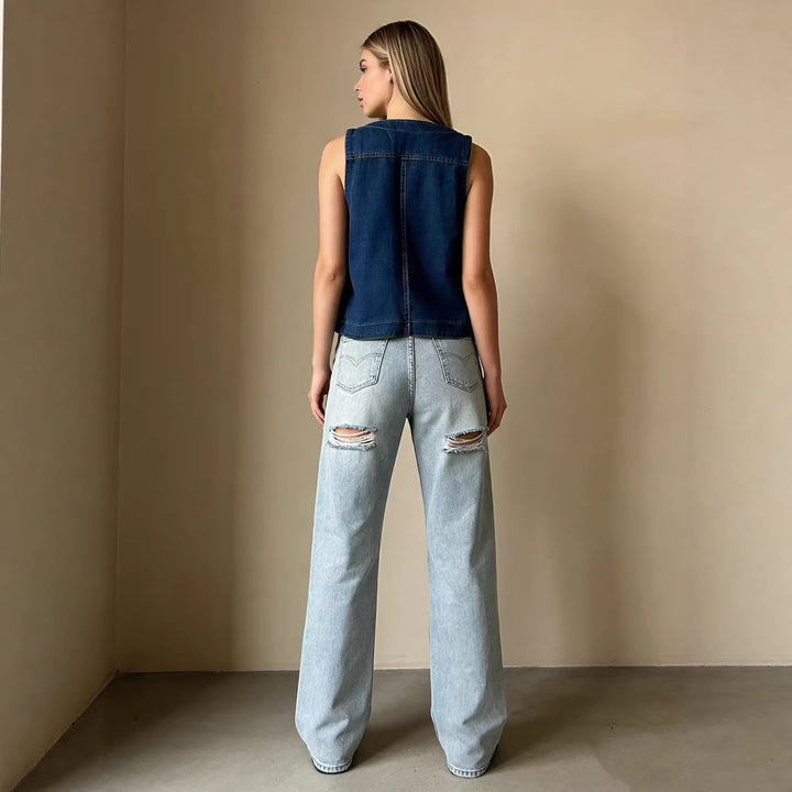 Women's Casual Denim Vest with Button Details and Patch Pockets Lisslune