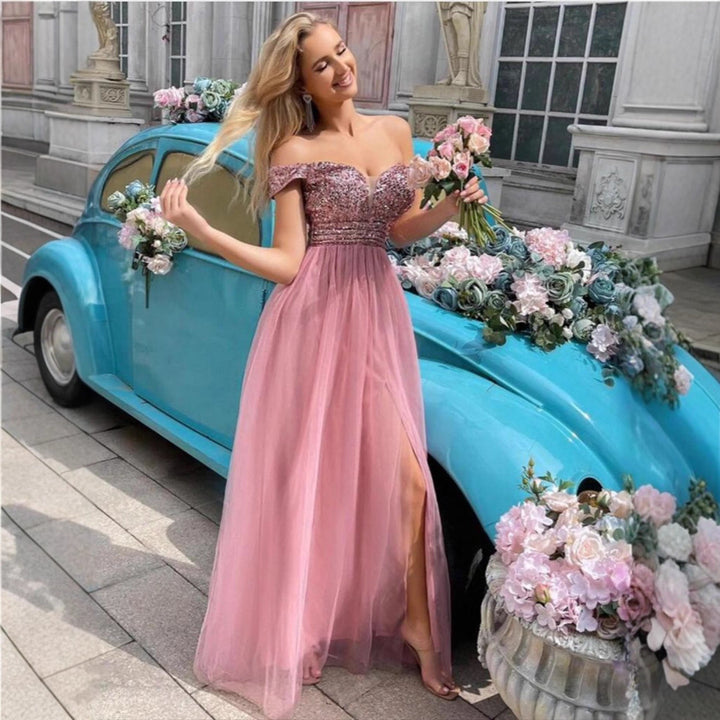 Women's Elegant Evening Dress with Off-Shoulder Look and Sparkling Embellishments