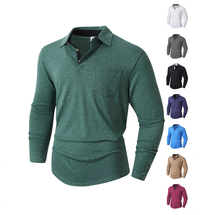 Men's casual long sleeve polo with innovative collar design and practical chest pocket Lisslune