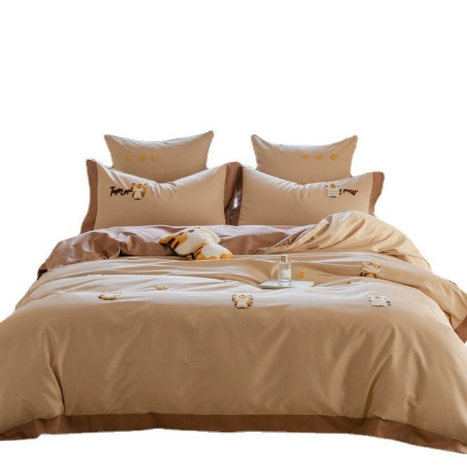 Rynx | Cute Cartoon Tiger Towel Embroidered Cotton Four-Piece Set 100 Long Staple Cotton Duvet Cover Bed Sheet Fitted Sheet Bedding Set