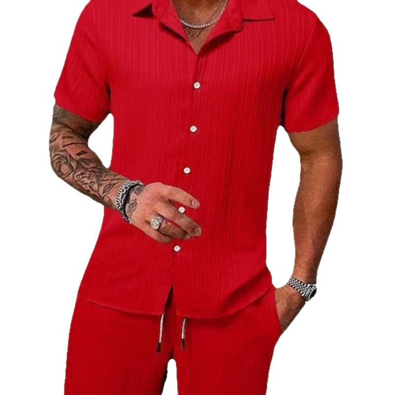 Men's short-sleeve leisure suit with textured design and elastic waistband Lisslune