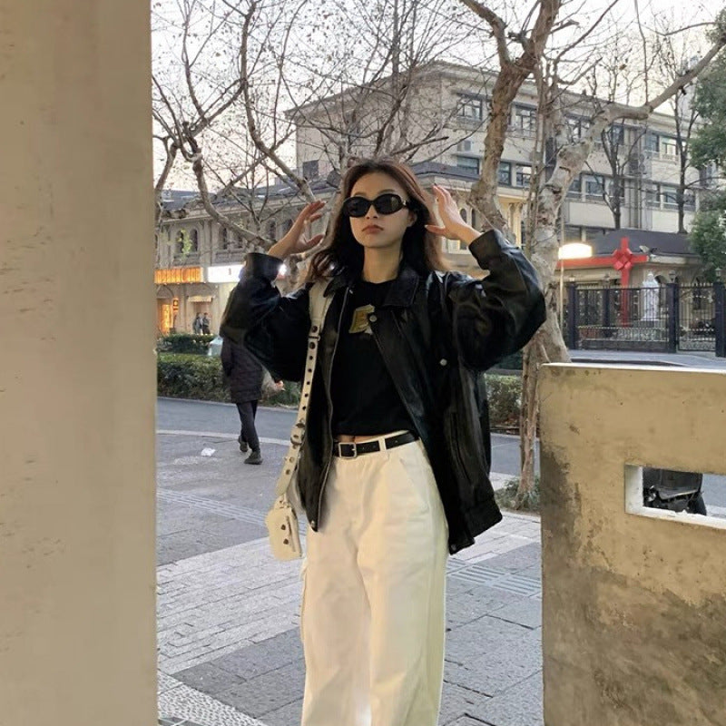 Women's leather jacket in oversized style with fashionable details Lisslune