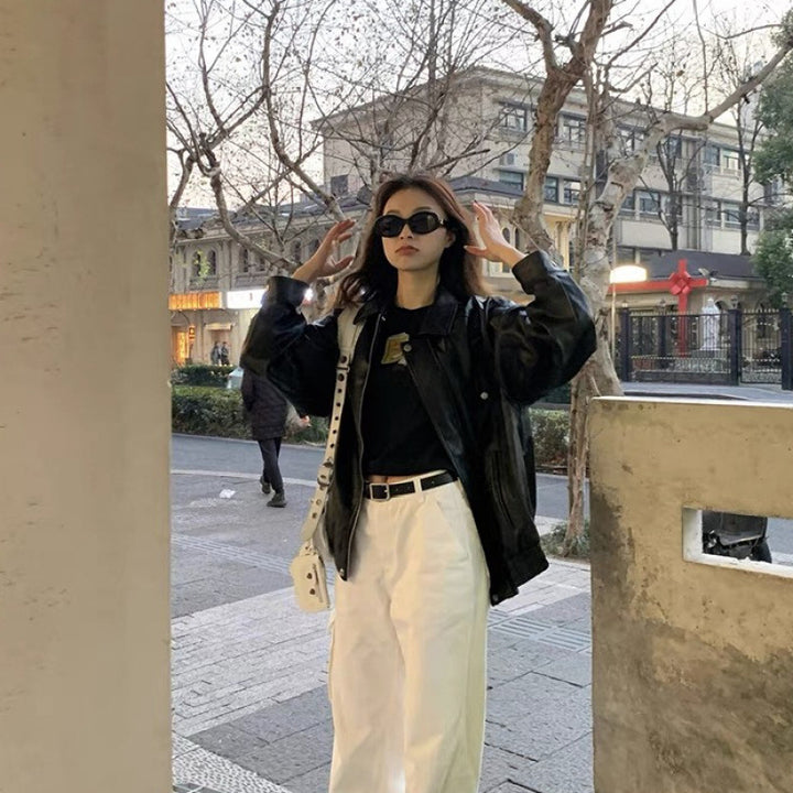 Women's leather jacket in oversized style with fashionable details Lisslune