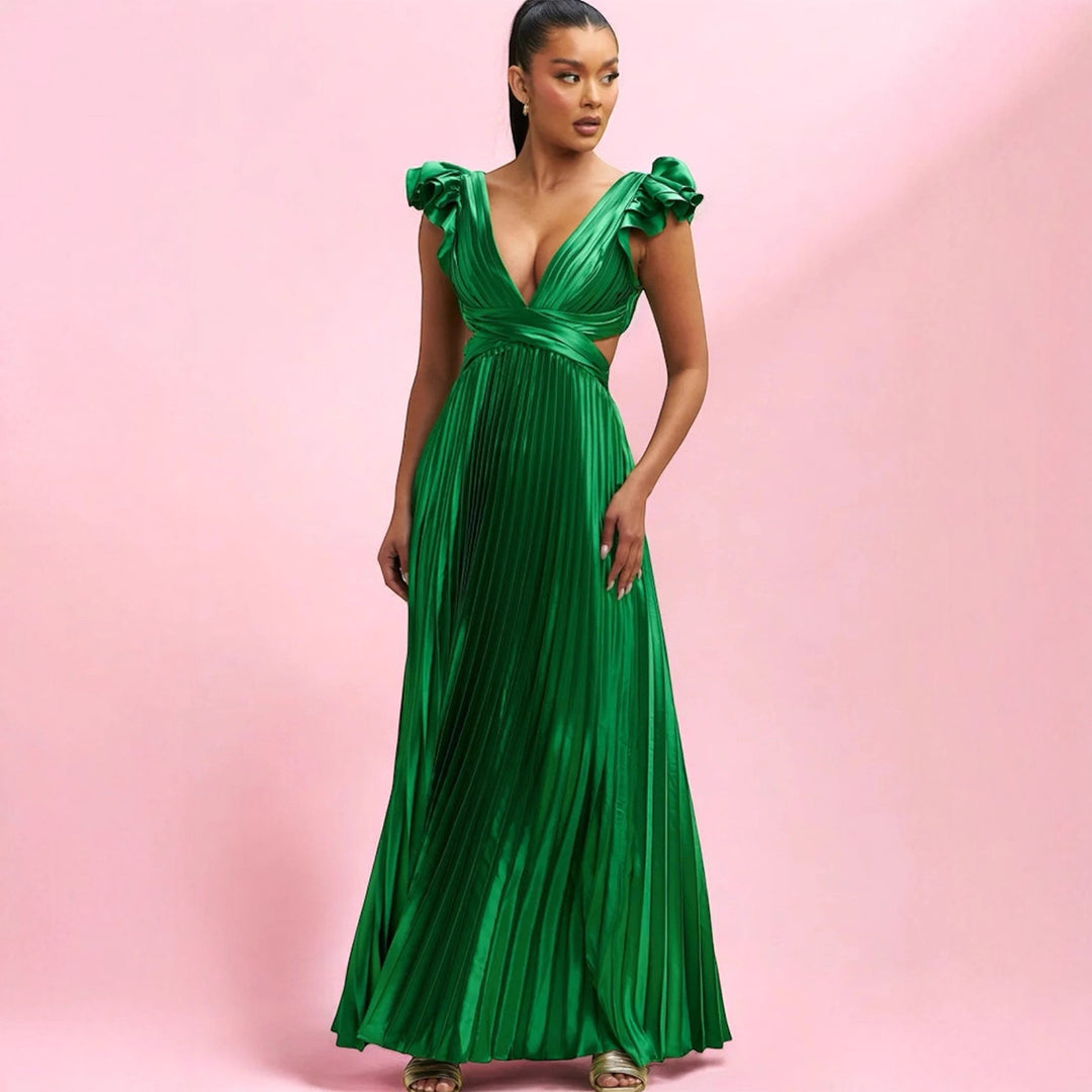 Ladies Glamorous Pleated Maxi Dress with Deep V-Neck and Puff Sleeves Lisslune