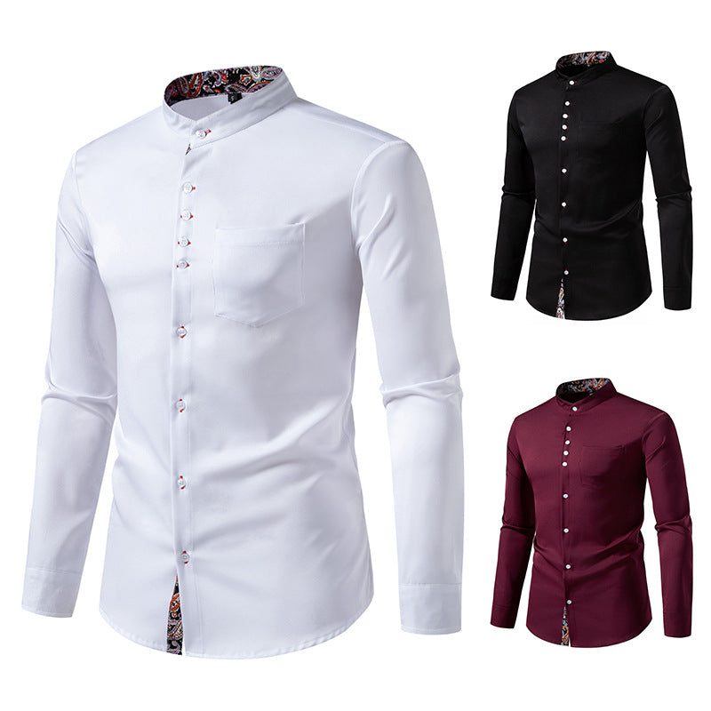 Men's Long Sleeve Shirt with Modern Stand-Up Collar and Paisley Pattern Lisslune