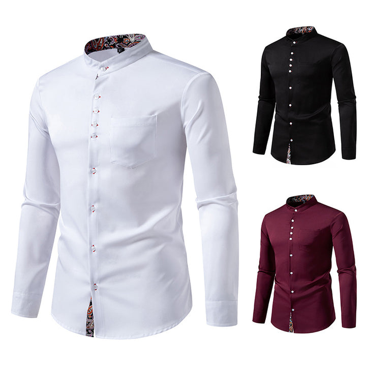 Men's Long Sleeve Shirt with Modern Stand-Up Collar and Paisley Pattern Lisslune