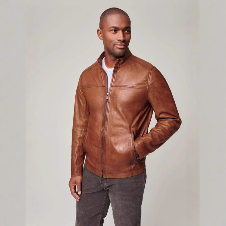 Men's leather jacket in classic design with practical pockets Lisslune