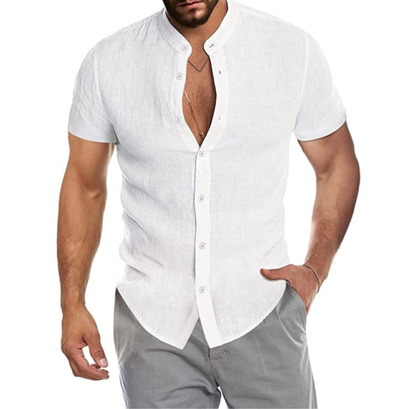 Men's short-sleeve shirt with modern stand-up collar and sophisticated button detail Lisslune