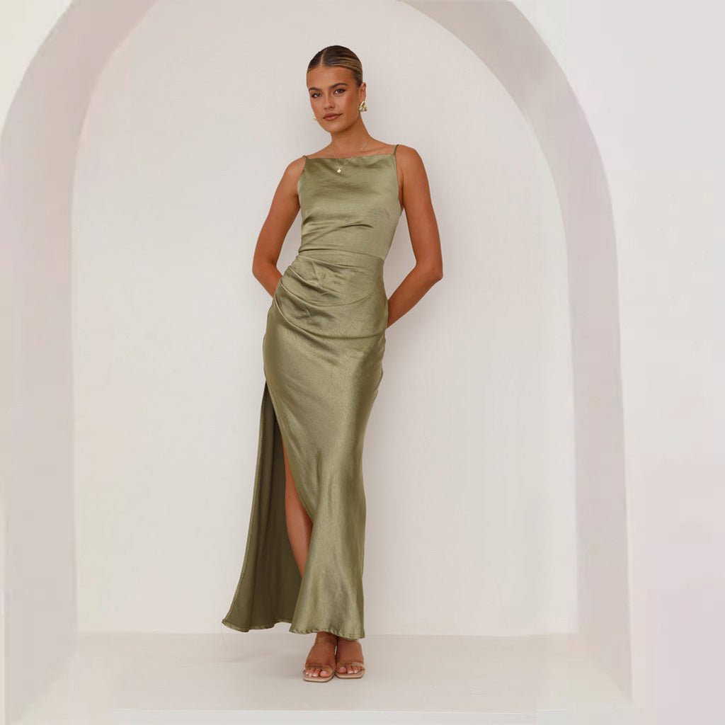 Women's Elegant Satin Maxi Dress with Side Split and Slim Spaghetti Straps