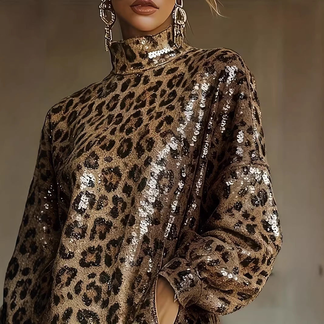 Women Glittering Short Dress with Leopard Pattern and Fringes Lisslune