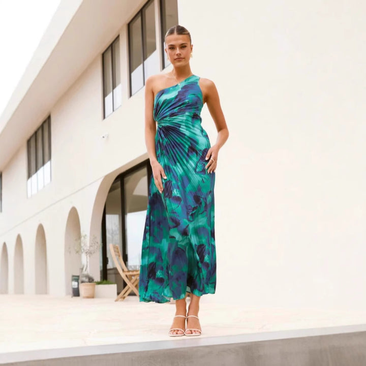 Women’s maxi dress with asymmetric cut and flowing pleated skirt Lune London