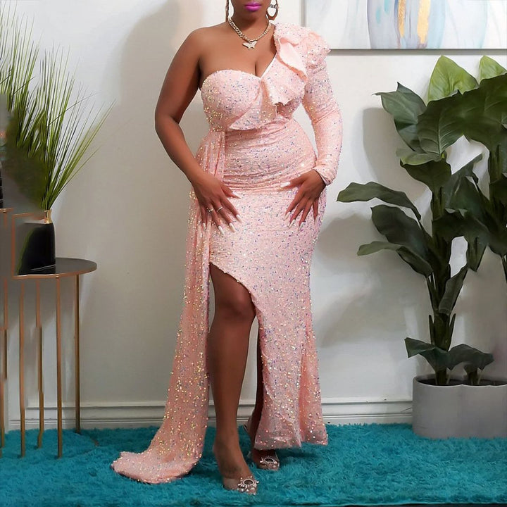 Women's Sparkling Evening Dress with Asymmetrical Design and Flowing Skirt