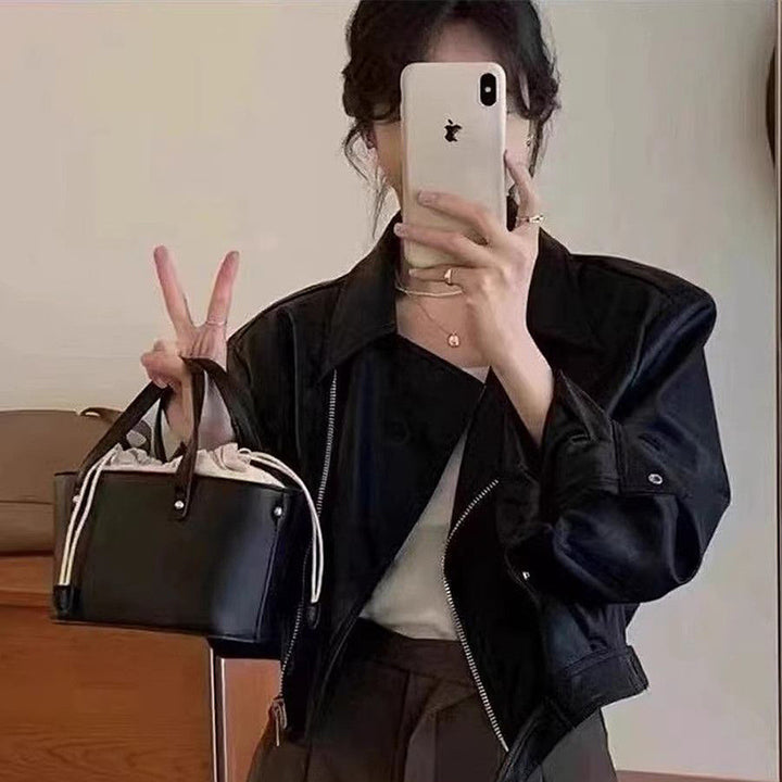 Women's Cropped Leather Jacket in Stylish Biker Design with Asymmetrical Zipper and Soft Materials