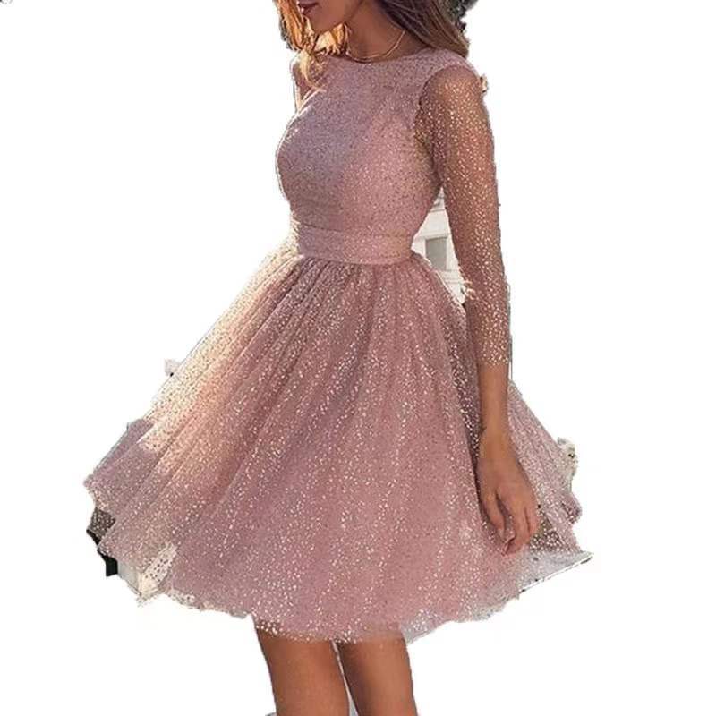 Women Glittering Tulle Dress with Long Sleeves and Swinging Skirt Lisslune