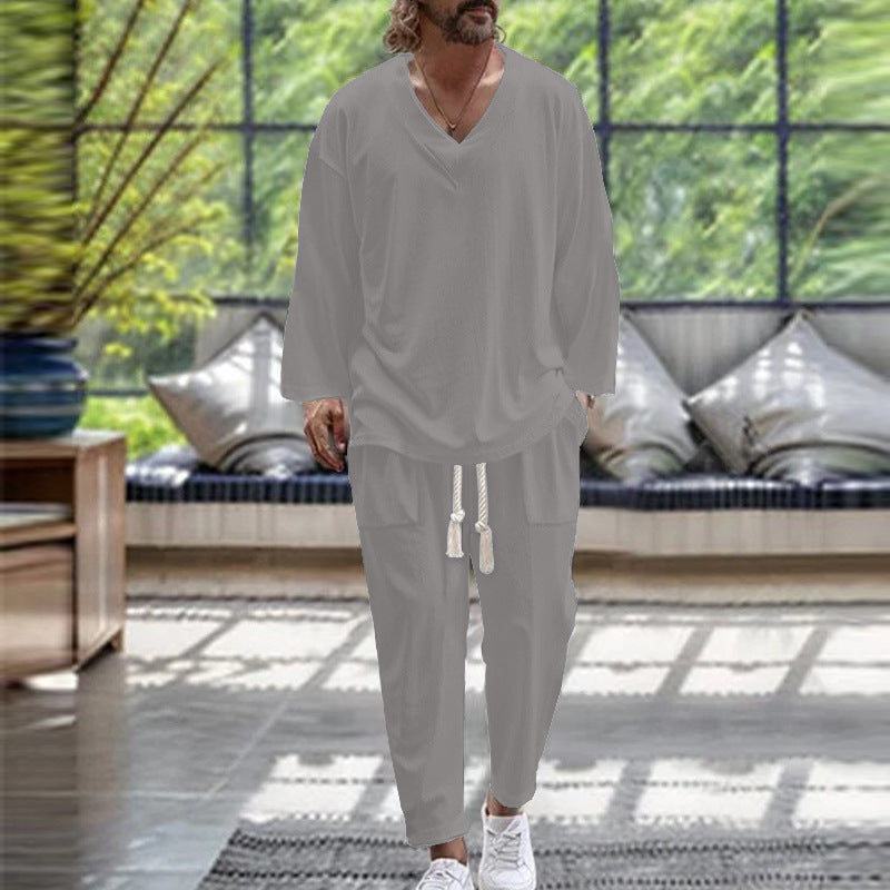 Men's Casual Lounge Set with V-Neck and Elastic Waistband Lisslune