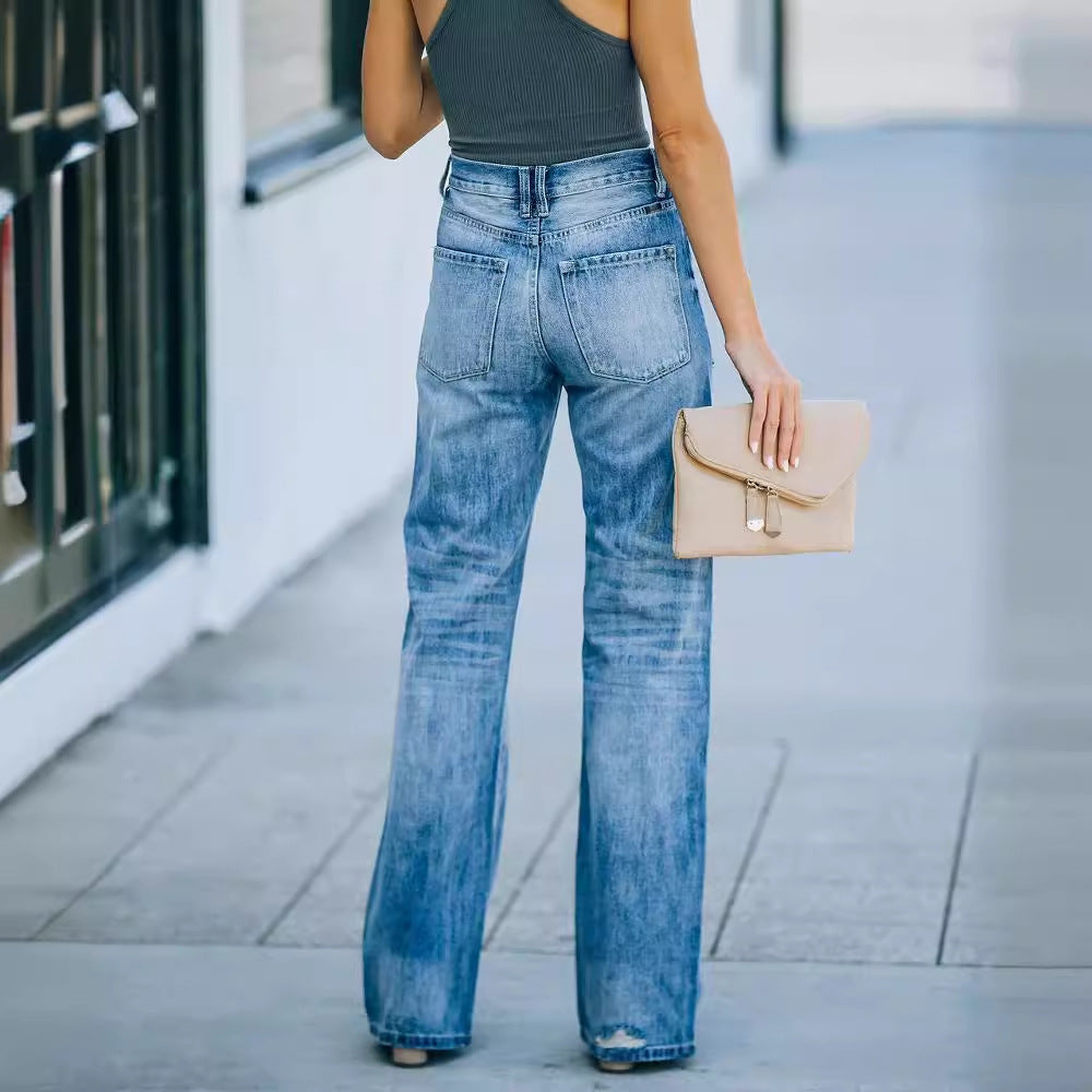 Women's wide-cut jeans with distressed effects and high waist