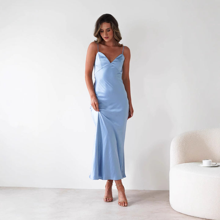 Ladies Satin Maxi Dress in elegant cut with narrow spaghetti straps Lune London