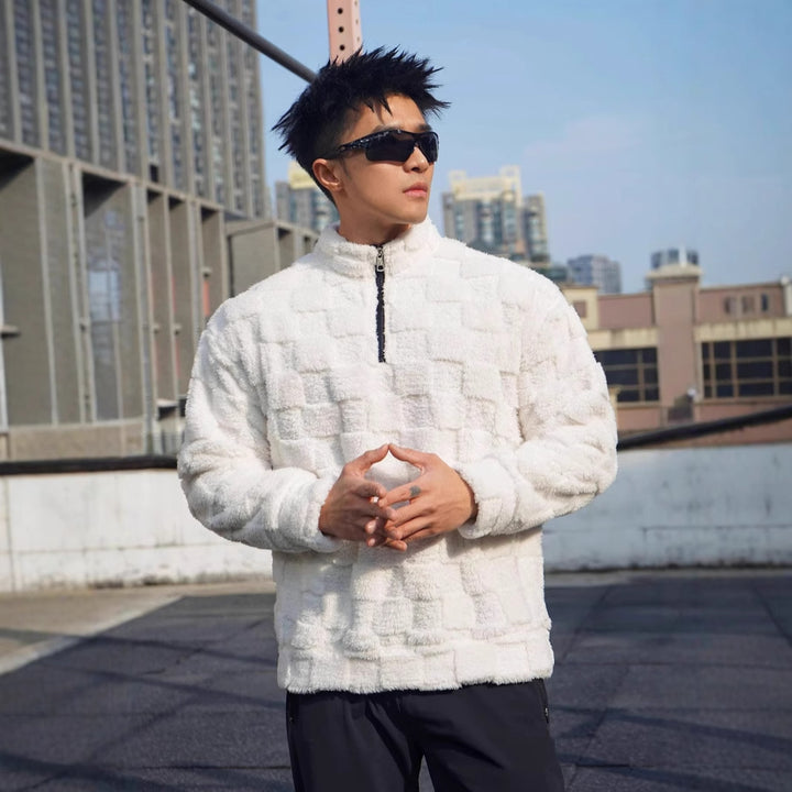 Men's fleece pullover with textured surface structure and standing collar Lisslune