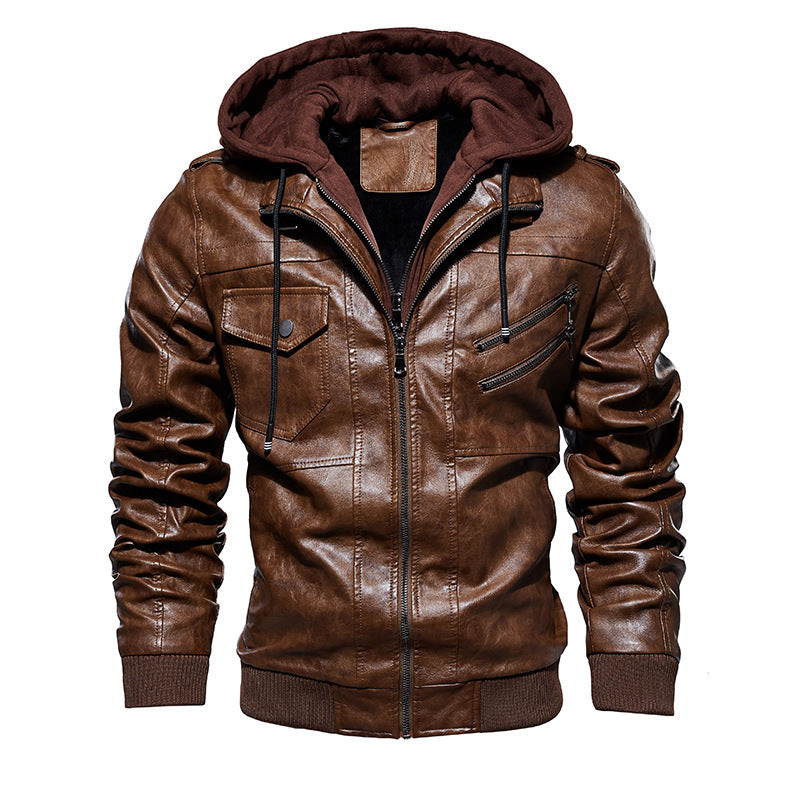 Men's Casual Synthetic Leather Jacket with Removable Hood and Numerous Pockets Lisslune