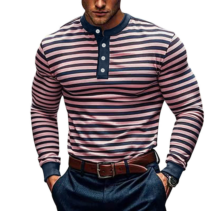 Men's Long Sleeve Shirt with Textured Striped Pattern and Sporty Collar Lisslune