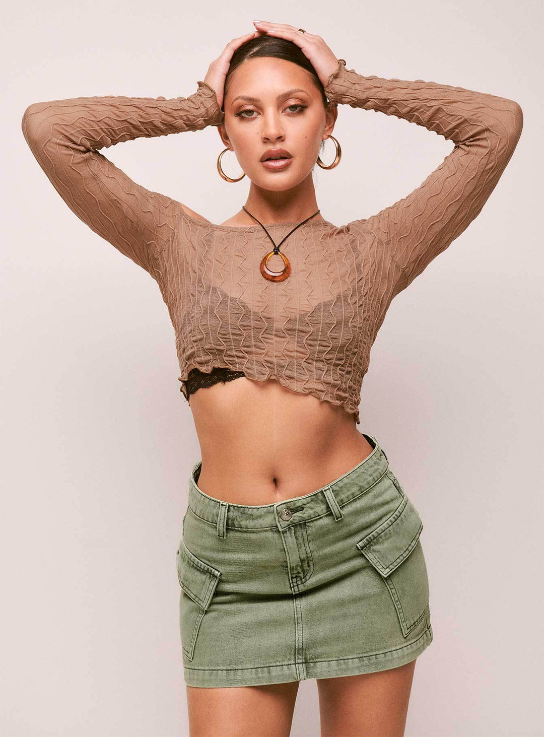 Women's Cropped Long Sleeve Shirt with Button Detail and Floral Knit Pattern Lisslune