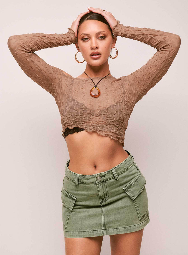 Women's Cropped Long Sleeve Shirt with Button Detail and Floral Knit Pattern Lisslune