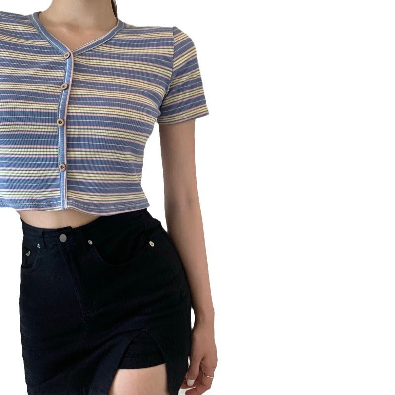 Women's cropped t-shirt with fashionable striped pattern and decorative buttons