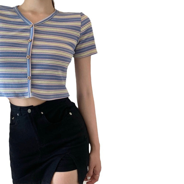 Women's cropped t-shirt with fashionable striped pattern and decorative buttons