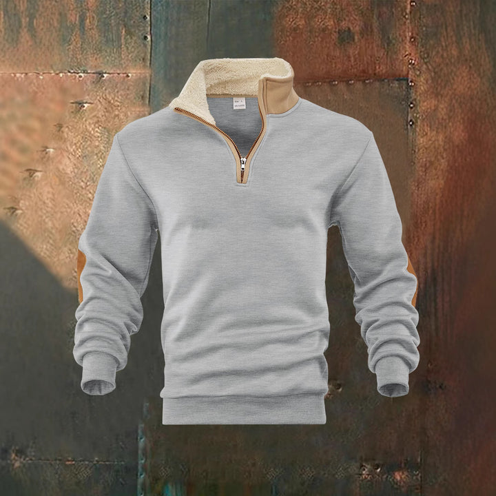 Men's fleece pullover with high collar and fashionable leather appliqués Lisslune