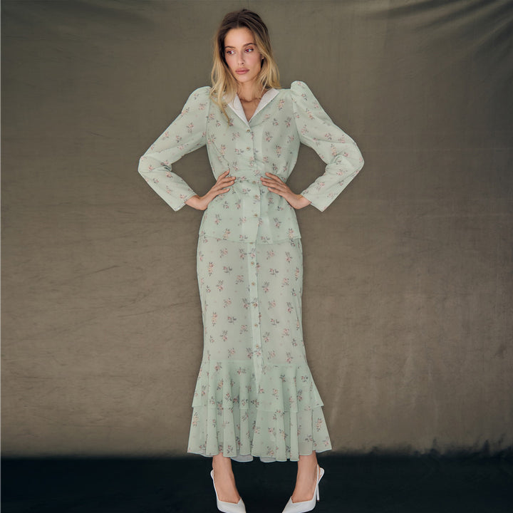 Ladies Floral Pattern Maxi Dress with Puff Sleeves Lisslune