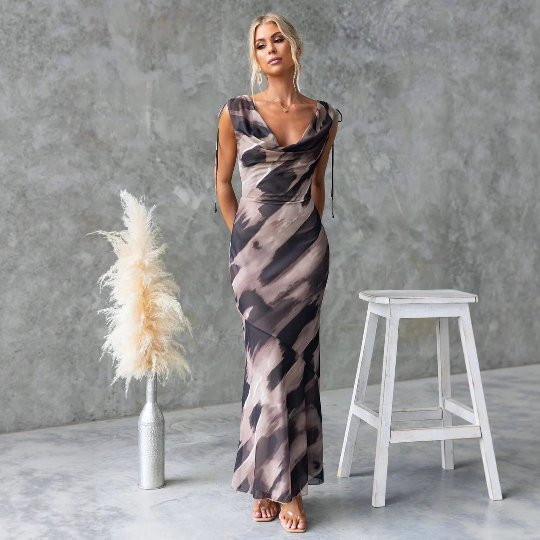 Women's maxi dress with elegant water neckline and floral accents