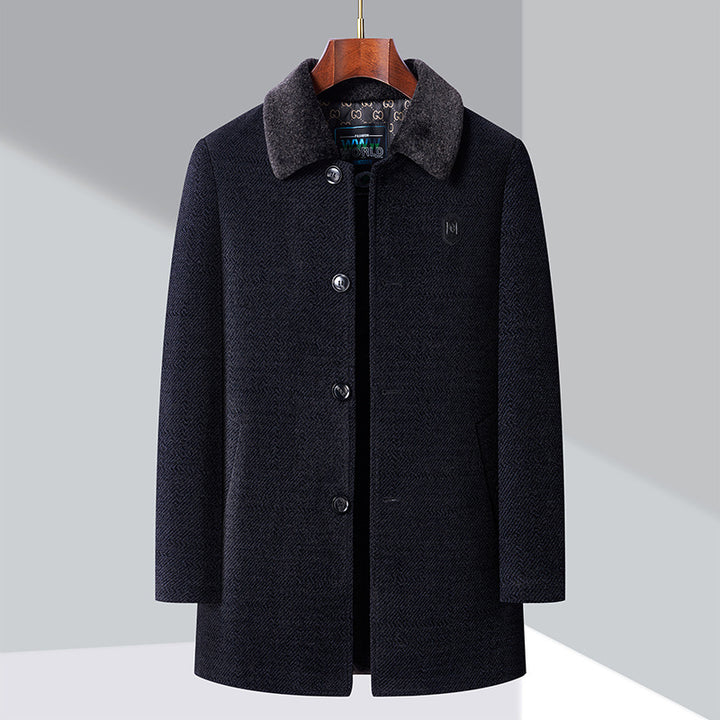 Men's Elegant Wool Coat with Modern Stand-Up Collar and Textured Surface Lisslune