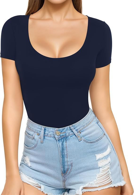 Damen figurbetontes Kurzarm-Body mit rundem Ausschnitt und nahtlosem Design Lisslune