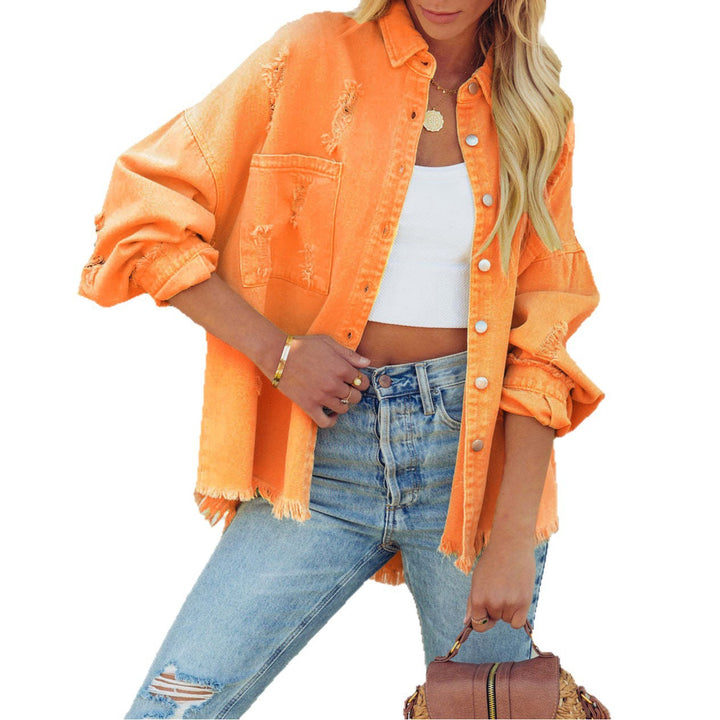 Women's Casual Oversized Denim Jacket with Frayed Edges and Decorative Buttons Lisslune
