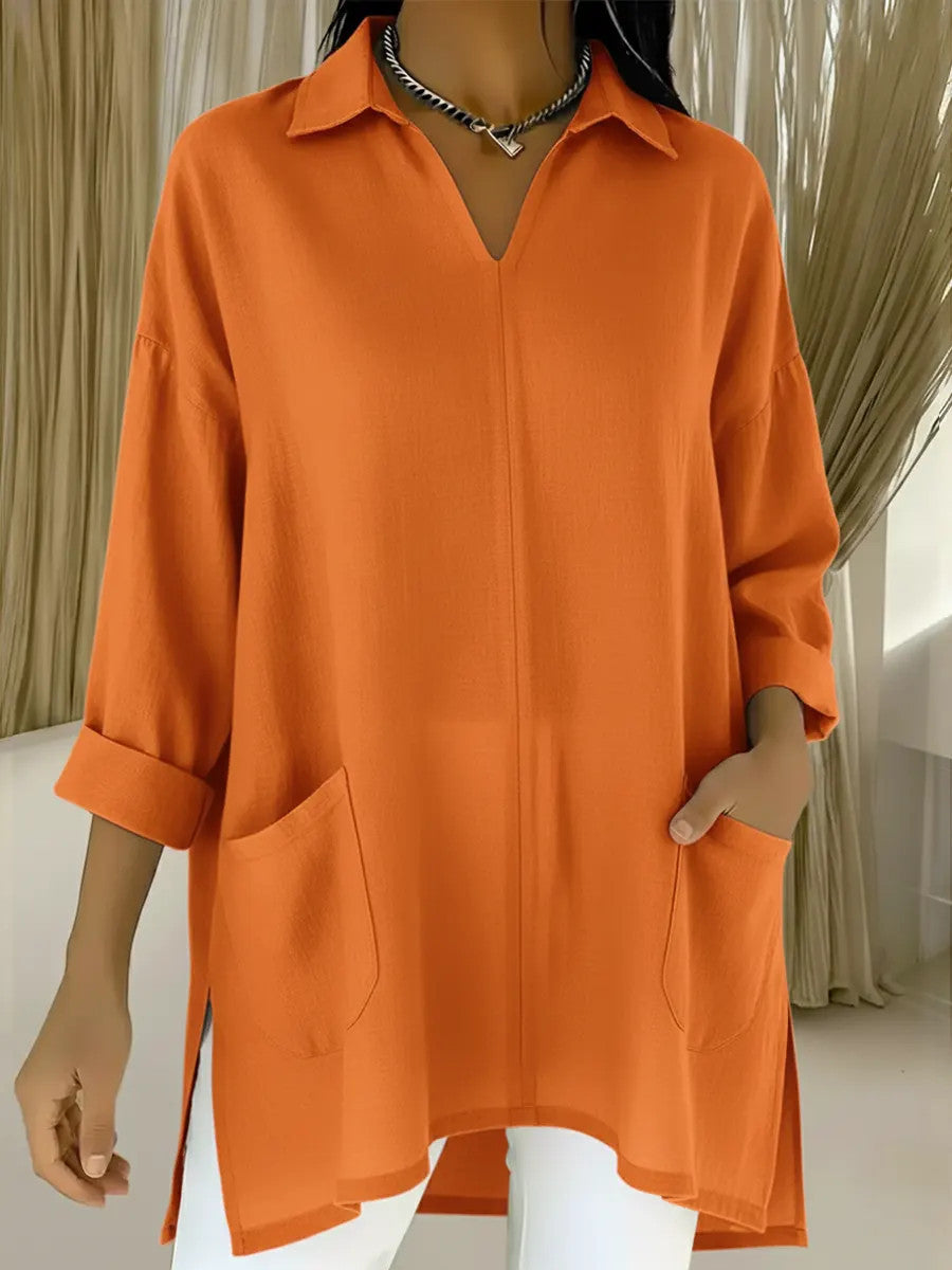 Women’s long sleeve blouse with elegant V-neck and practical pockets Lisslune