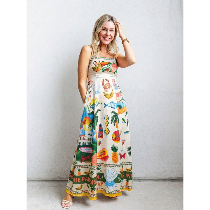 Women's maxi dress with exciting graphic print and playful design