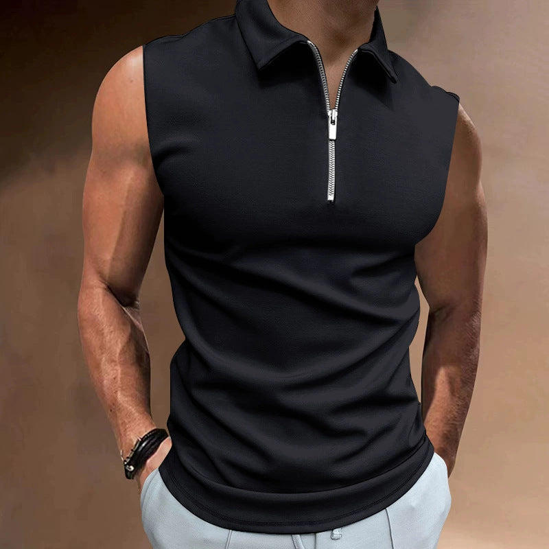 Men's Short Sleeve Polo Shirt with Modern Stand-Up Collar and Functional Zipper Lisslune