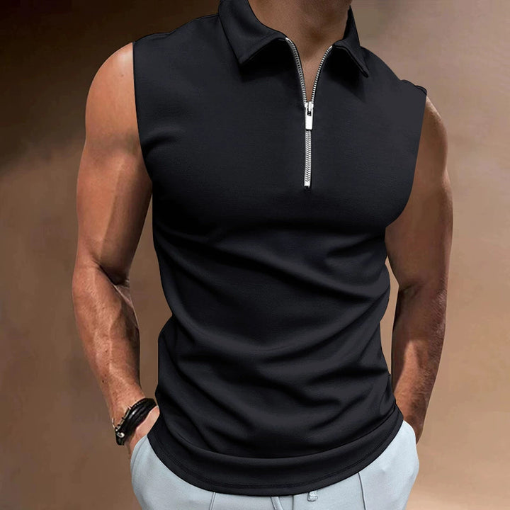 Men's Short Sleeve Polo Shirt with Modern Stand-Up Collar and Functional Zipper Lisslune