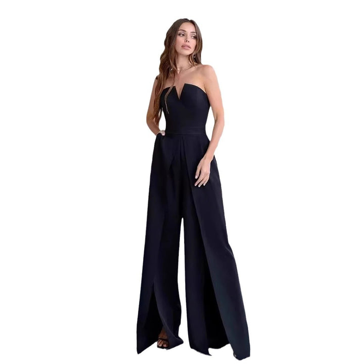 Women's Elegant Jumpsuit with Deep V-Neck and Flowing Leg Seams
