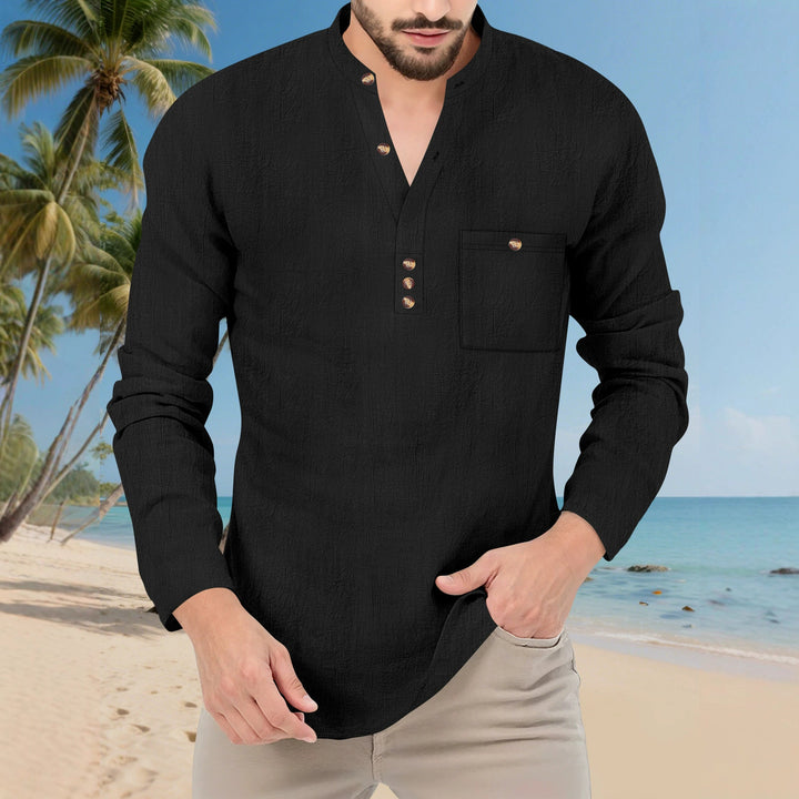 Men's Casual Long Sleeve Shirt with Button Placket and Chest Pocket Lisslune