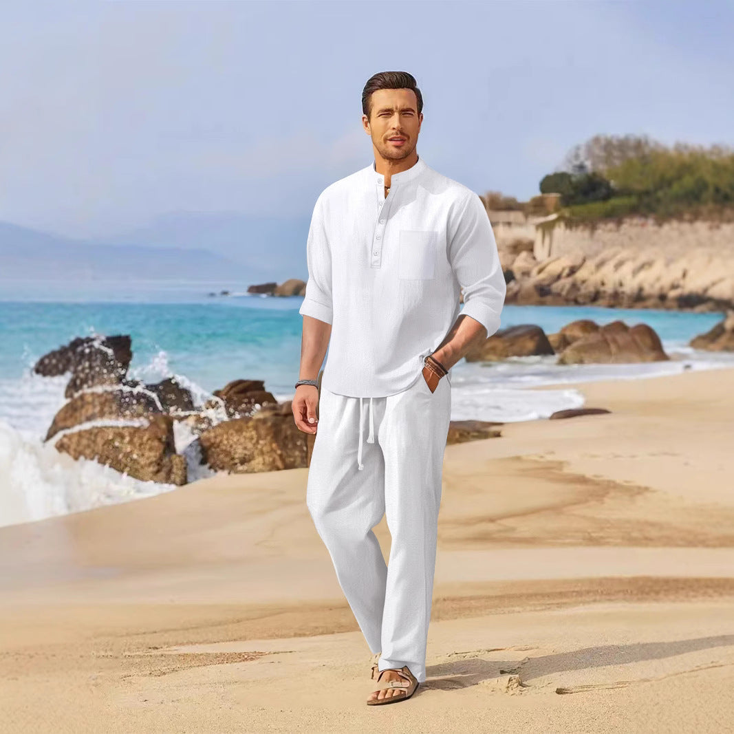 Men's relaxed beach suit with modern stand-up collar and practical pockets Lisslune