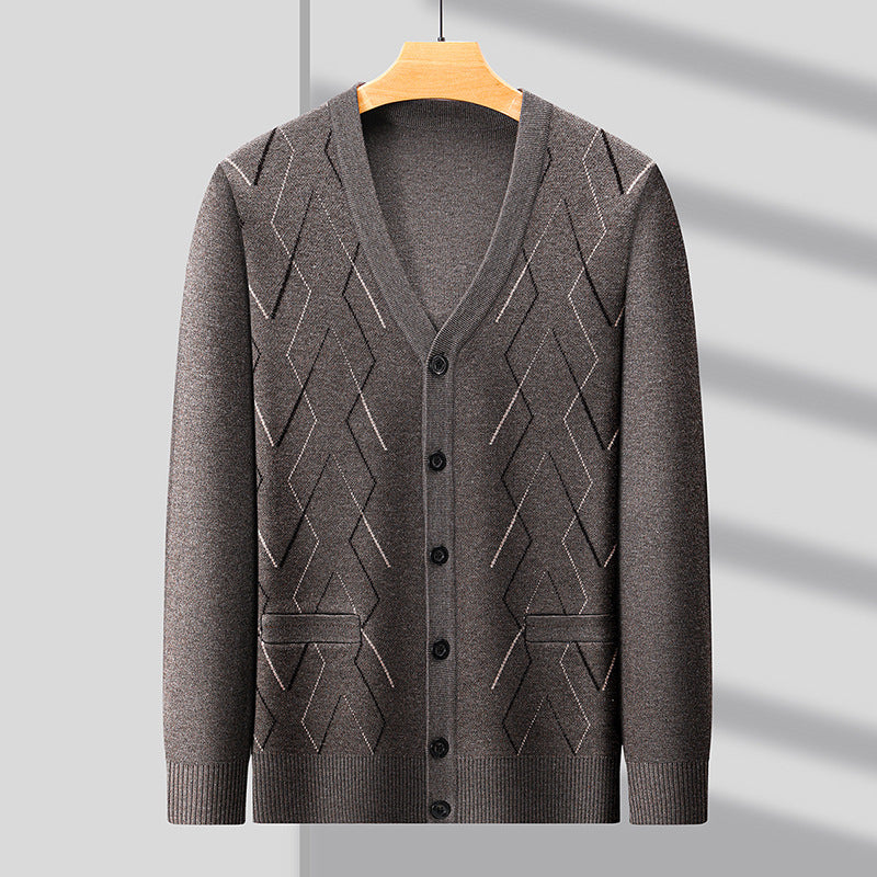 Men's Cardigan with Deep V-Neck and Elegant Diamond Pattern Lisslune