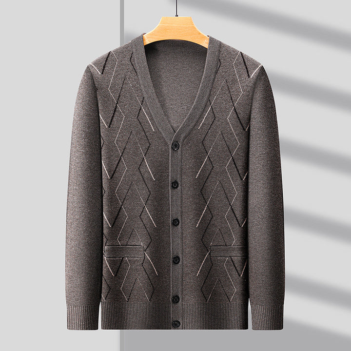 Men's Cardigan with Deep V-Neck and Elegant Diamond Pattern Lisslune
