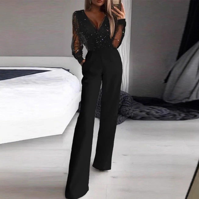 Women Elegant Jumpsuit with Transparent Blouse and Shimmering Accents Lisslune