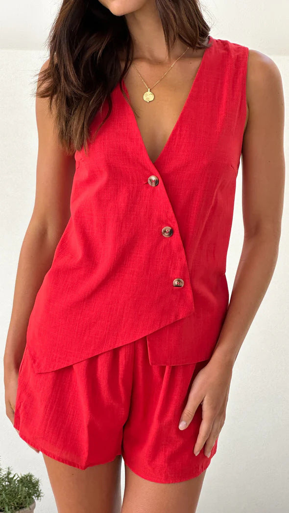Women's casual summer outfit with V-neck and asymmetrical cut