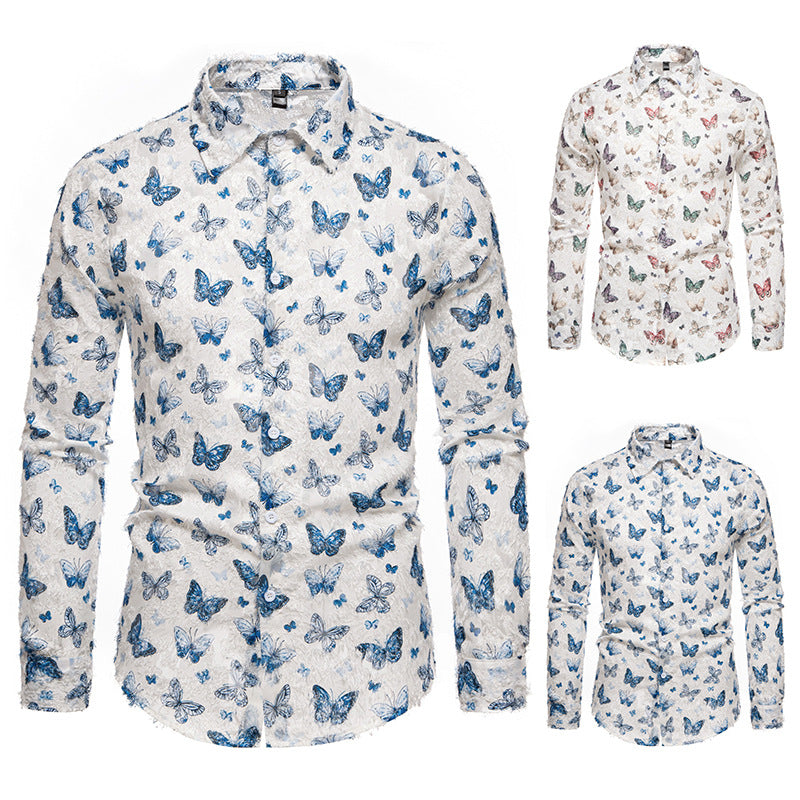 Men's Long Sleeve Shirt with Colorful Butterfly Pattern Lisslune
