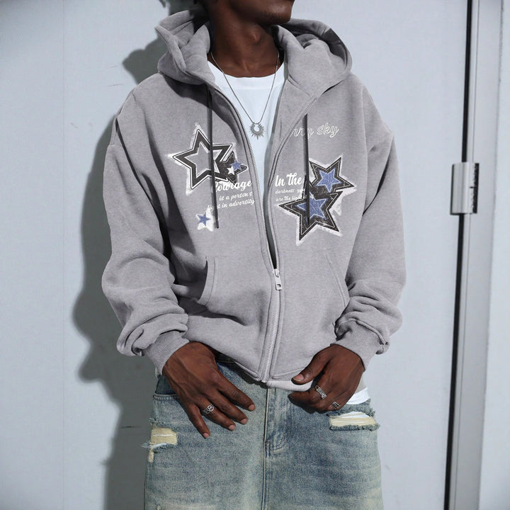 Men's hooded jacket with practical zipper and stylish star pattern Lisslune