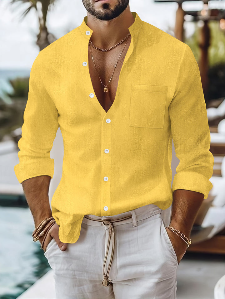 Men's summer long-sleeve shirt with a modern stand-up collar and practical breast pocket Lisslune
