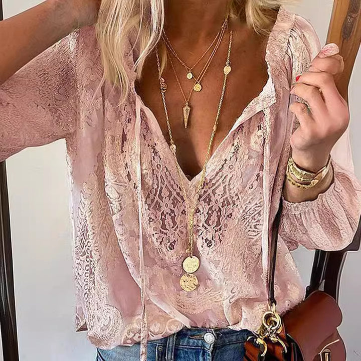 Women's elegant blouse with fine lace and deep V-neck Lisslune