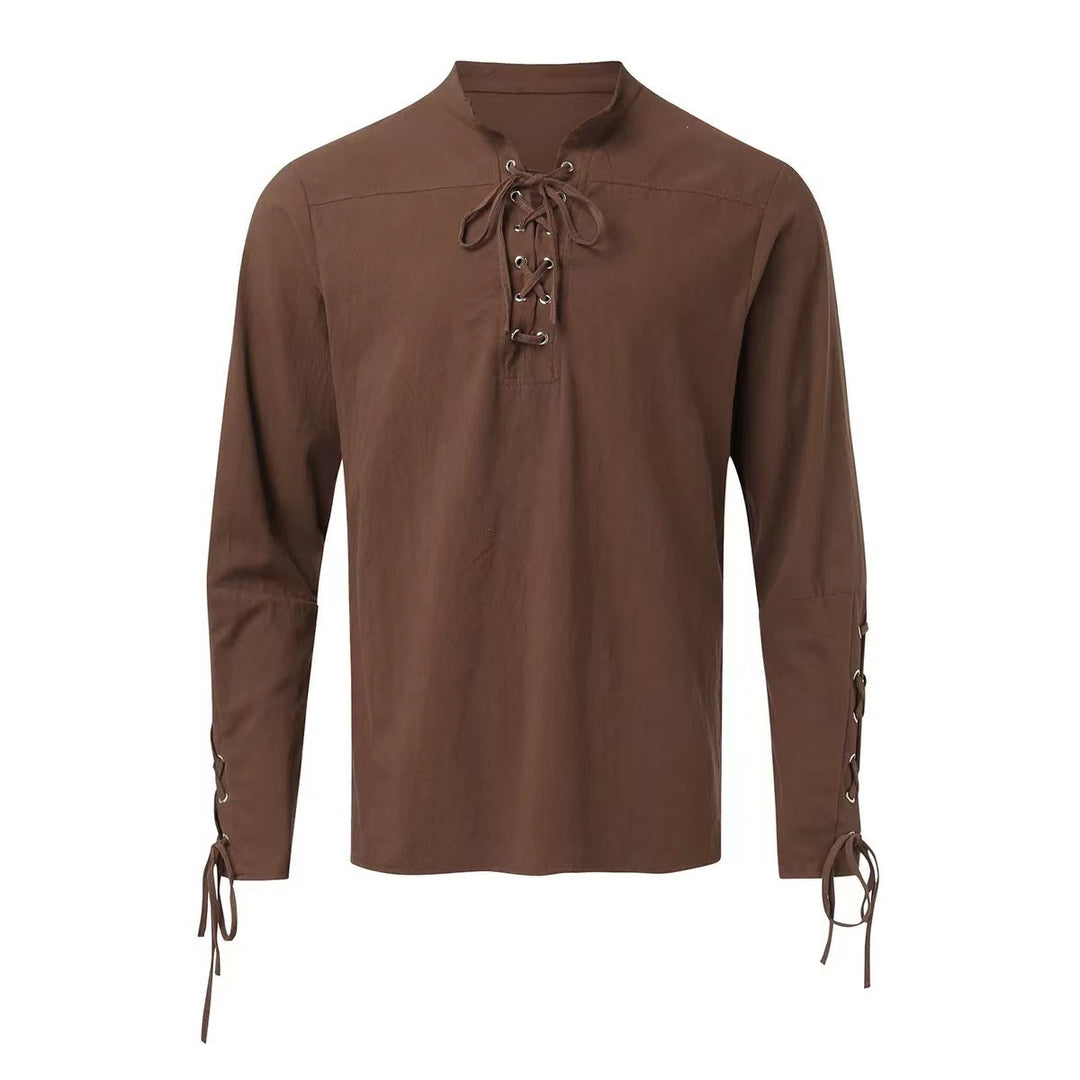Men's Long Sleeve Linen Shirt with Modern Lace-Up Design Lisslune